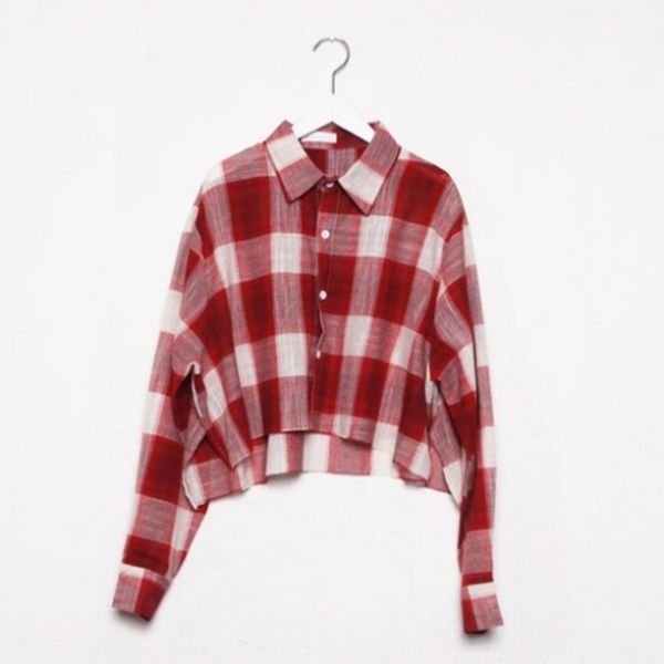 

o4fui korean attractive short half-open collar plaid women's wear korean attractive shirt short half-open collar, White