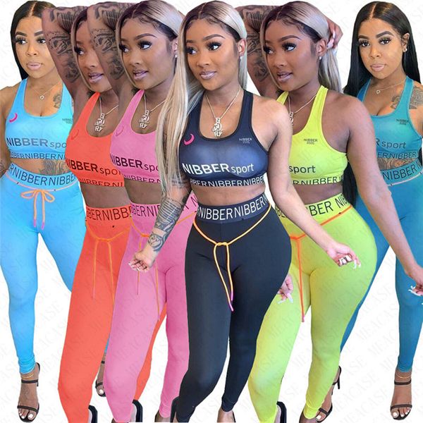 

women tracksuit designer letter sleeveless vest tank pants leggings tight-fit sports suit casual two piece outfits with waist rope d7802, White