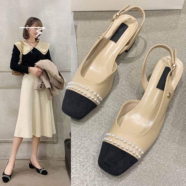 

beads mixed color sandals women slippers chunky high heels shoes women flock covre toe sandalias pearl buckle band sandales 2020, Black
