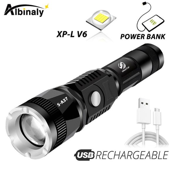 

usb rechargeable led with xp-l v6 lamp beads can be used as a power bank waterproof tactical torch 5 lighting modes