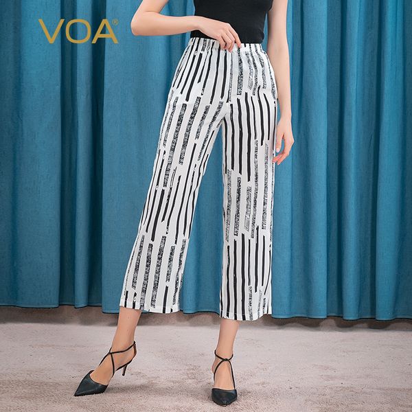 

voa 16 mimi silk double crepe natural elastic waist black and white striped oblique slip pocket straight cropped pants k2, Black;white