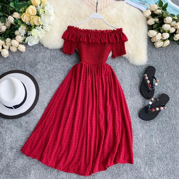 

style women summer dresses plaid slash neck off shouder solid vestidos ruffles a-line high waist dress robe femme kg-1006, Black;gray