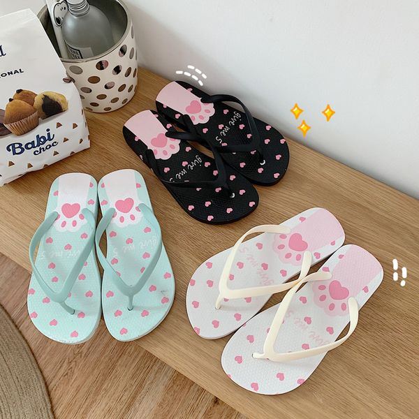 

women flip lop cute cartoon heart shape girls summer slipper beach shoes flat heel pvc candy color lady white flip flop, Black