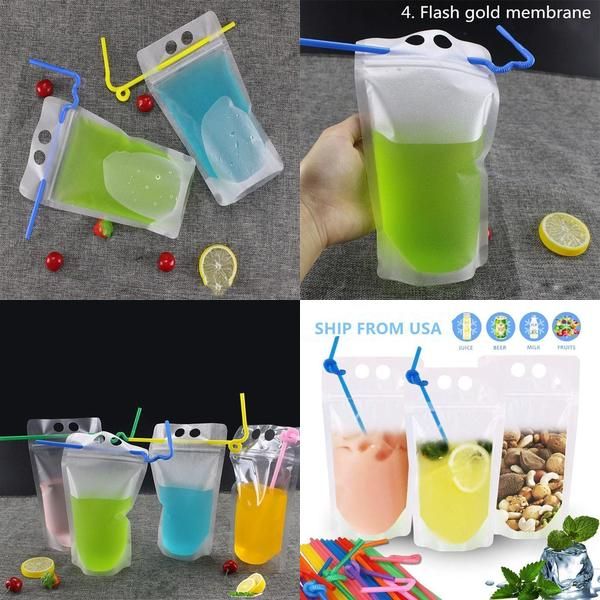 

dhl shing 4 style 500ml transparent self-sealed plastic drink packaging pouch for beverage milk juice handle and holes for straw mebyu