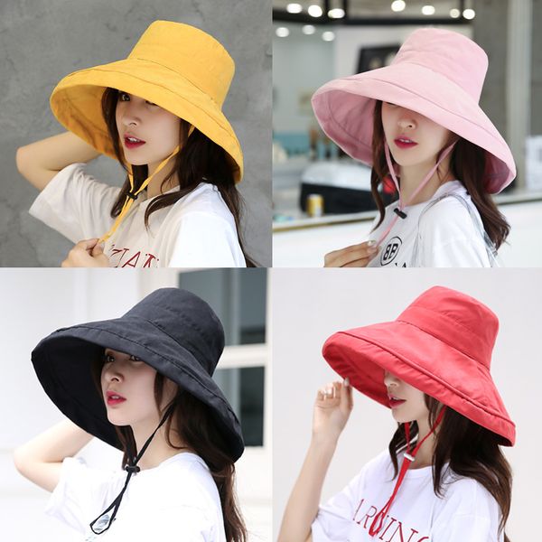 

classic anti-uv wide brim cotton hats for women solid color summer bucket panama foldable cap large brim korean beach fisherman hat