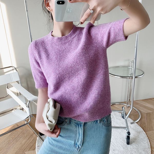 

spring/summer 2020 new lilac short-sleeved wool short-sleeved sweater with round neck, White;black