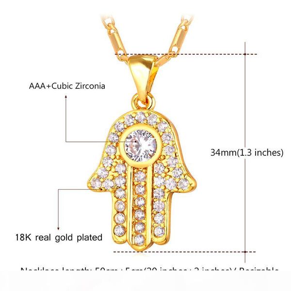 

hamsa hand necklaces pendants for women men clear cubic zirconia 18k real gold plated lucky jewelry gift, Silver