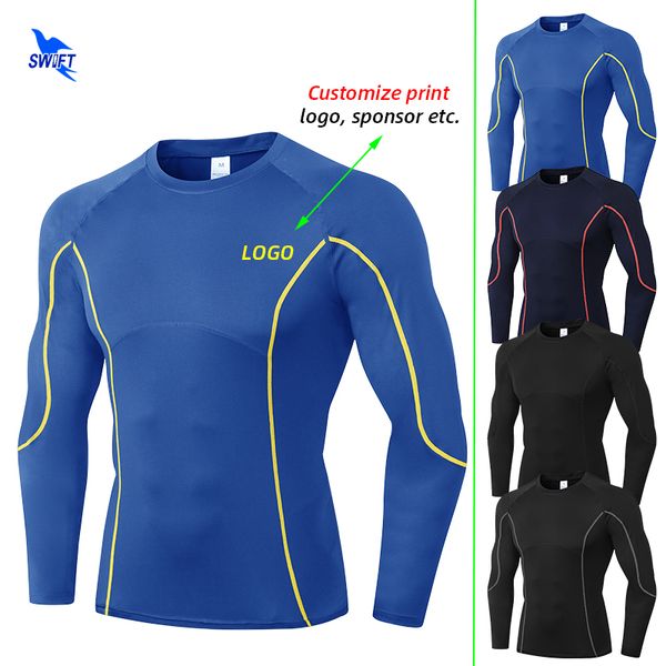 

2020 quick dry compression running shirt men gym fitness tshirt long sleeve sportswear elastic jersey rashguard customize, Black;blue