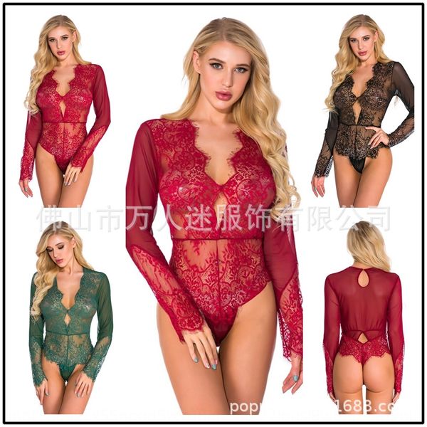 

2020 underwear pants underwear lace jumpsuit long sleeve pajamas open-range lace tight jumpsuit, Black;white