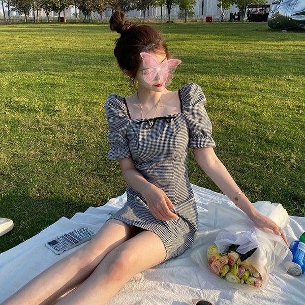 

2020 новый французский талии плотно пригонки пузырь рукав плед квадратный воротник юбка платье платье для женщин, Black;gray