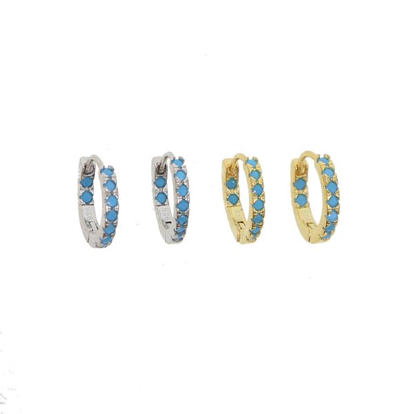 

925 sterling silver rhodium gold plated mini hoops paved blue nano turquoiose gemstone elegance minimal huggie hoop fine silver learring, Golden;silver