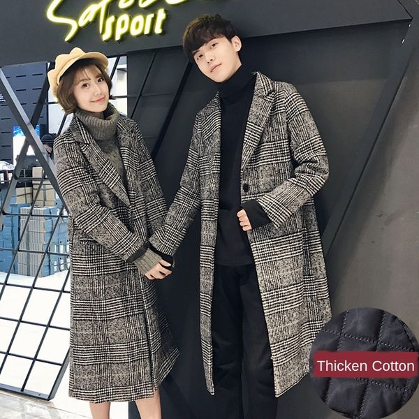 

pyifw 2019 winter padded cotton thickened couple windbreaker wool coat woolwoolen windbreaker bird plaid woolen korean style coat mid-length, Black