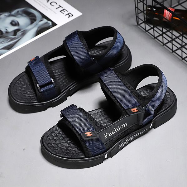 

casual men beach sandals hook & loop men walking sandals ankle-wrap flats cotton fabric casual shoes, Black