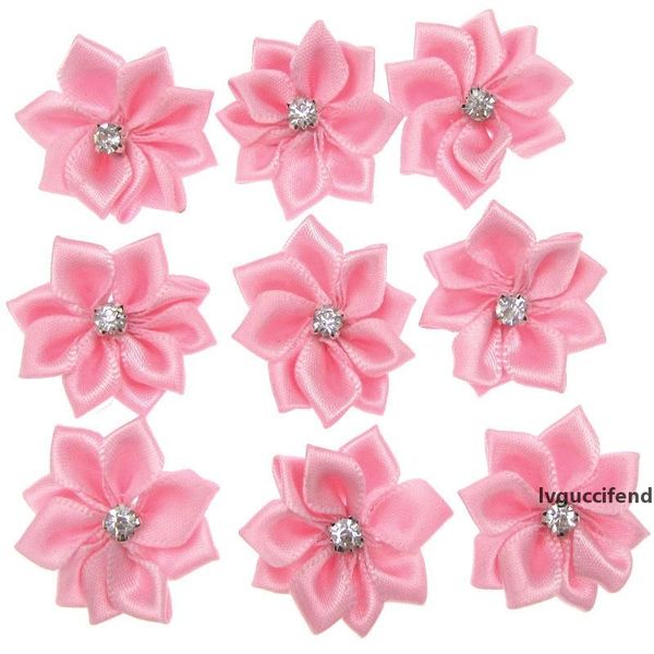 

40pcs pink small satin flowers fabric rhinestone flowers appliques sewing decoration wedding garment 2.8cm
