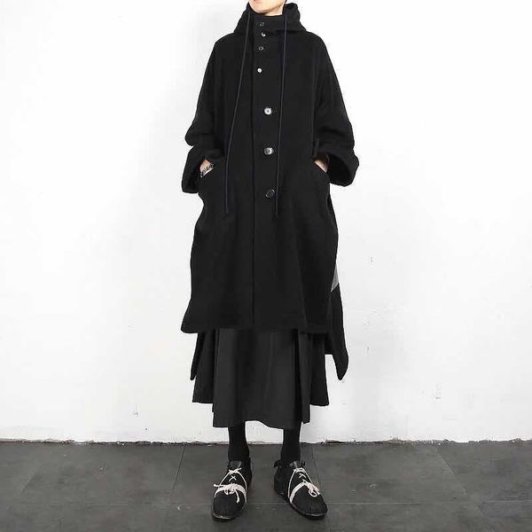 

japanese coat wool niche yamamoto master asymmetric stitching front short back long hooded loose wool coat, Black