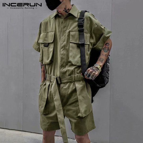 

incerun fashion men cargo overalls solid color chic streetwear summer short sleeve jumpsuits multi pockets shorts loose rompers, White;black
