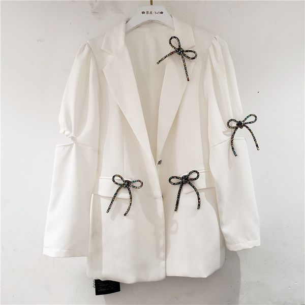 

ewq] 2020 autumn new women's korean version of the white puff sleeve diamond bow white blazer sweet loose casual jacket laides, White;black