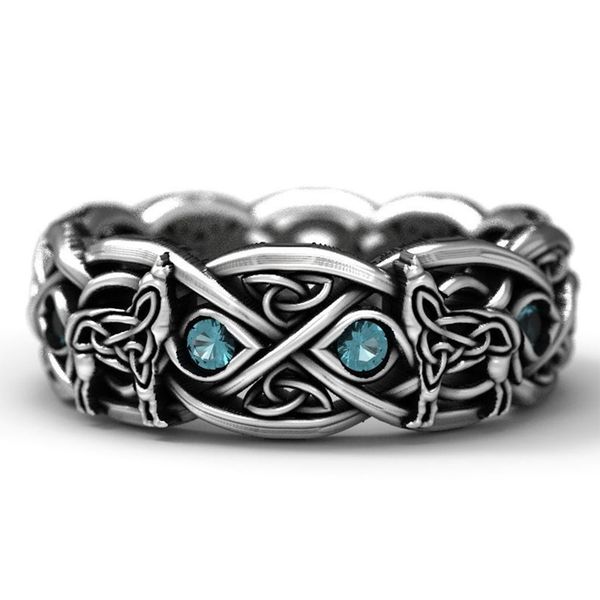 

aprilgrass brand new nordic mythology giant wolf ring sky blue stone hip hop rock men/women gift punk party couple rings, Silver