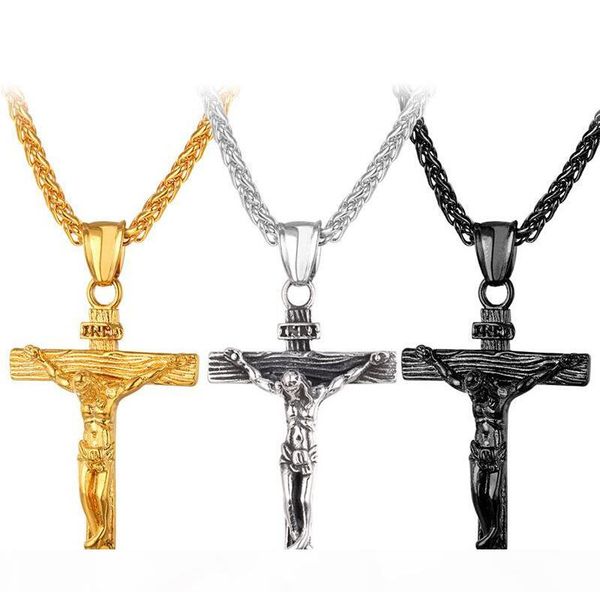 

men's crucifix pendant stainless steel jewelry "inri" jesus piece 18k gold plated religious cross pendant necklace, Silver