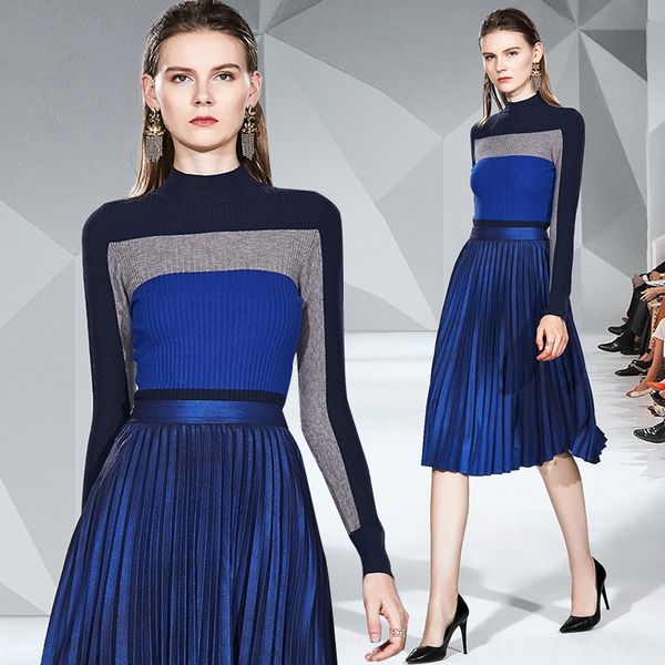 

2019 autumn new women's elegant stand collar knitted pleated skirt long-sleeved + pleated skirt two-piece set, Gray