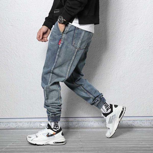 

fashion streetwear men jeans loose fit spliced designer harem jeans homme cargo pants japanese vintage hip hop men joggers, Blue