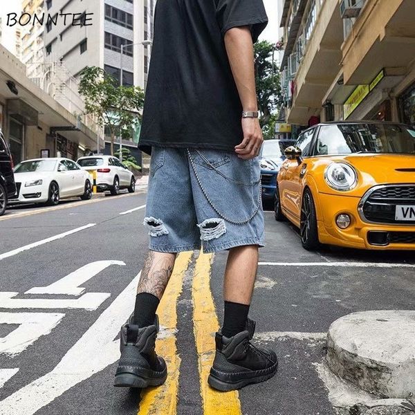 

men's jeans men holes denim knee length large size 3xl korean fashion leisure oversize male trousers chic hip-hop vintage ripped, Blue