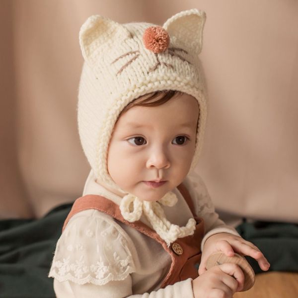 

autumn winter newborn baby cute hats crochet knitted beanie hats kids cat pattern caps fall wool hemming caps, Slivery;white