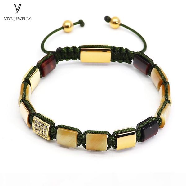 

a luxury gold -color men bracelet golden tiger eyes square beads &pave setting beads braided macrame bracelet jewelry for men gift, Golden;silver