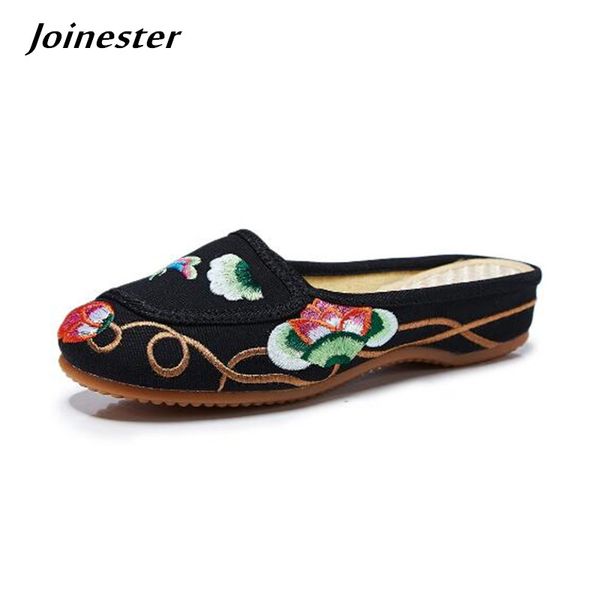 

ethnic women slippers floral embroidered slip on mules ladies retro loafer slipper beach slides for woman flip flops home shoes, Black