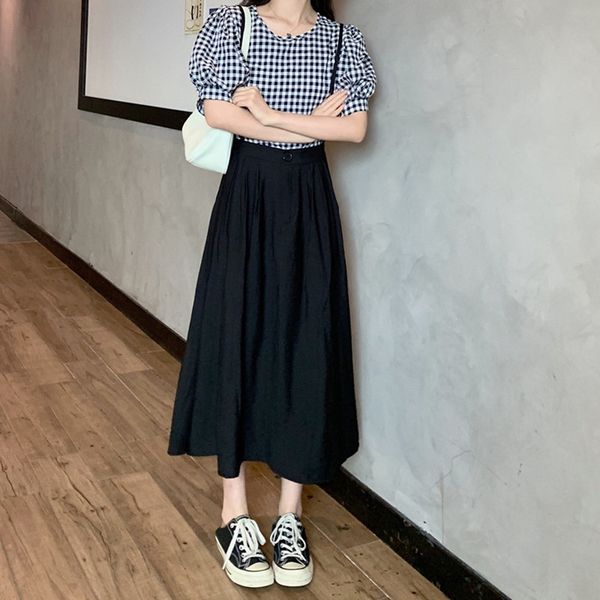 

2020 new plaid bubble sleeve shirt all-match two-piece suspender skirt suspender skirtsling sling skirt fashion suit for women, Gray