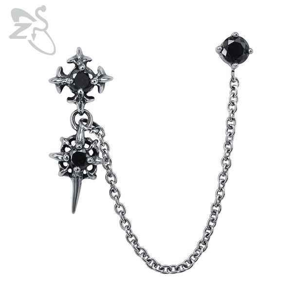 

zs double cross punk chain tassel stud earrings for men gothic rock ear piercing jewelry male biker cz zirconia earrings jewelry, Golden;silver