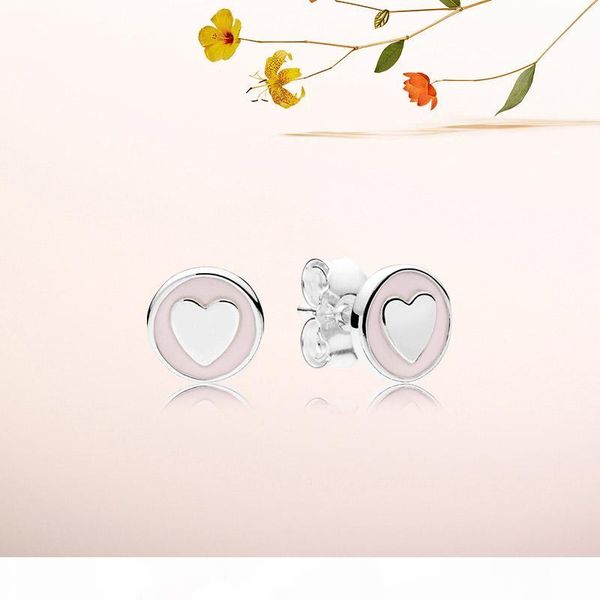 

pink and white enamel heart small cute stud earrings for pandora 925 sterling silver womens earring with original gift box set, Golden;silver