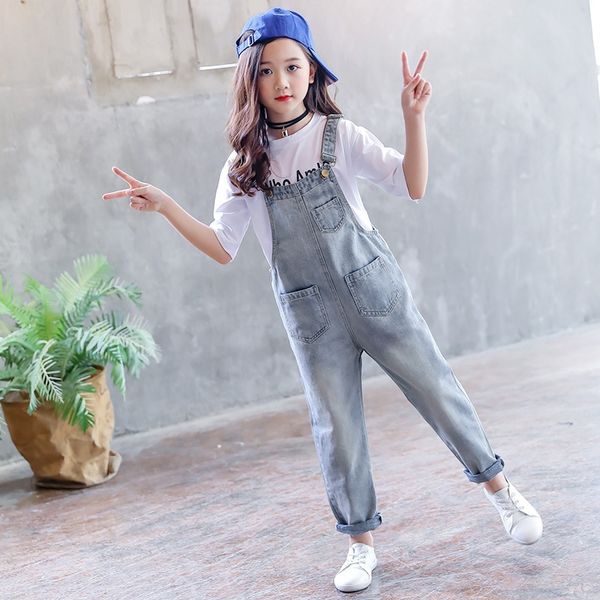 

children's 2019 autumn new children's korean style panty panty hole-piercing denim belt pants girls' loose pants fashion, Blue