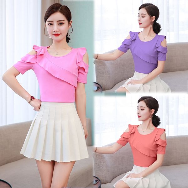 

kcqor spring and summer ruffled all-match close-fitting waist slimming short-sleeved spring and summer t-shirt ruffled all-match clo, White