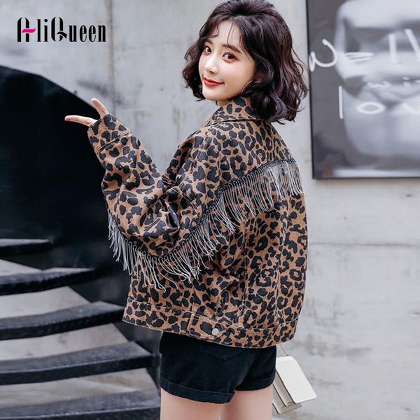 

autumn streetwear women leopard chain tassel denim jacket short harajuku vintage loose pocket punk jean jackets coat outwear, Black;brown