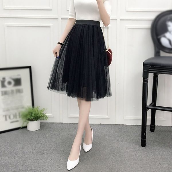 

womens solid black gray white tulle skirt new tulle skirts elastic high waist pleated midi skirts wholesale