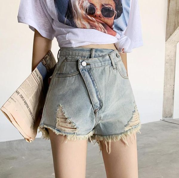 

high waist denim shorts for women 2020 summer short jeans womens irregular slim ripped a-line shorts p1545, White;black