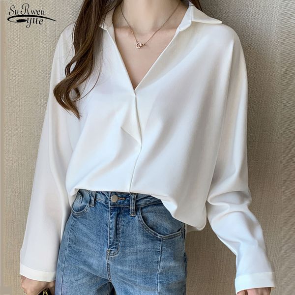 

blusas 2020 autumn new korean loose long sleeve v-neck white shirts women office lady solid white blouses fashion 10511