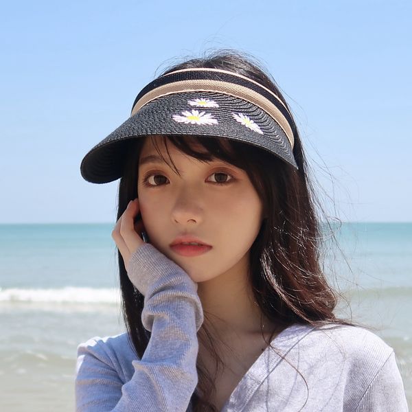 

summer sunscreen cap outdoor travel sunscreen daisies embroidery empty straw hat duck cap children's beach sun hat, Blue;gray