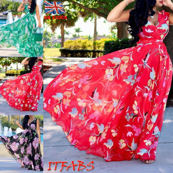 

big flower print v-cut neck long dress women summer boho sleeveless belted beach sundress floral maxi vestido for evening party, Black;gray