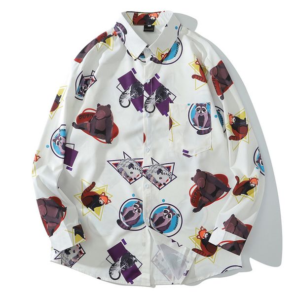 

mens animal print hawaii beach shirts harajuku streetwear 2020 summer long sleeve blouse hiphop white shirts, White;black