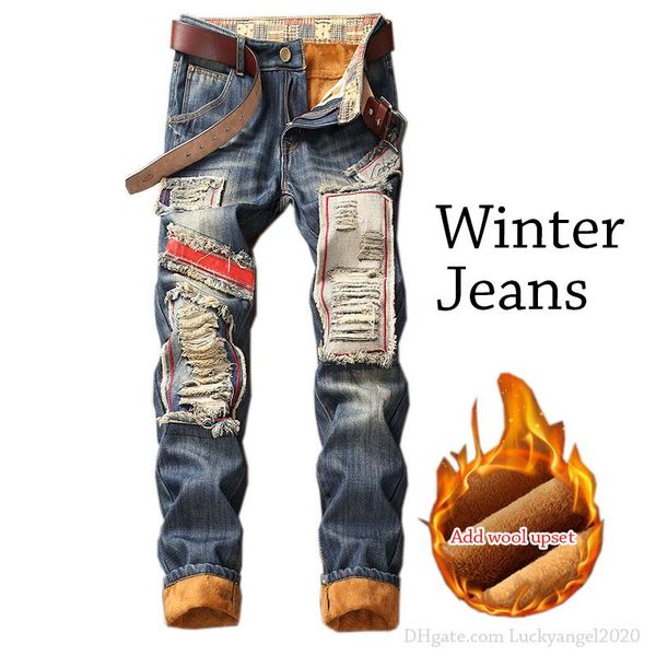 

True religious Blue Jeans hole Men Jean Homme Winter Jeans For Men Denim Warm Brushed Winter Ripped Hombre Vaqueros Fashions Special Slim