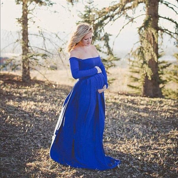 

women solid shooting fitted maternity maxi dress pgraphy props elegant soft pregnant off shoulder long sleeves dress, White