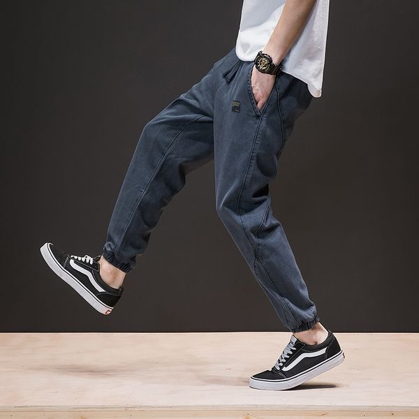 

2020 autumn men's washed nine points casual jeans and jeans elastic loose harem pants fat leggings trendy, Blue