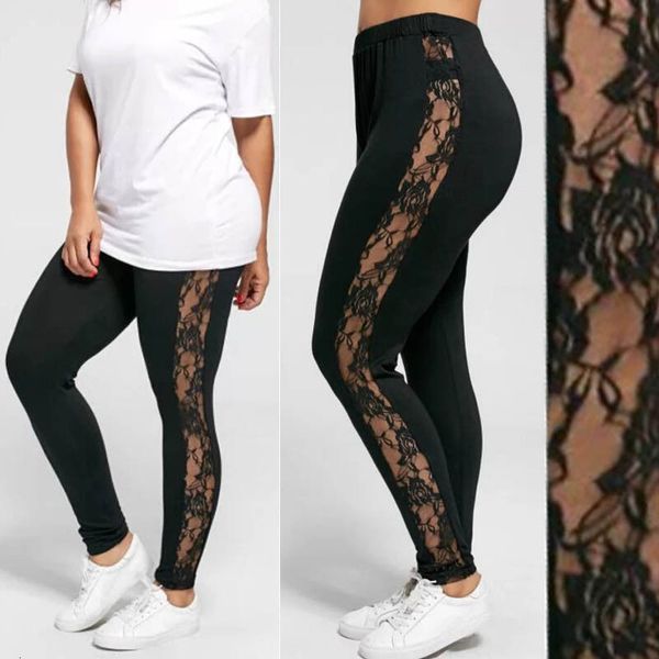 

plus size women holllow out lace leggings high waist bandage pants insert sheer leggings viscose elastane, Black