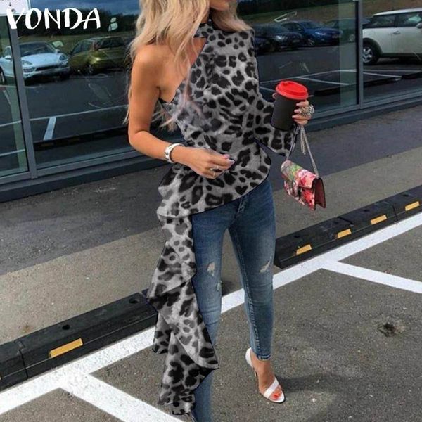 

one shoulder tunic shirt fashion vonda 2020 women leopard print blouse elegant office stylish print blusas femininas, White