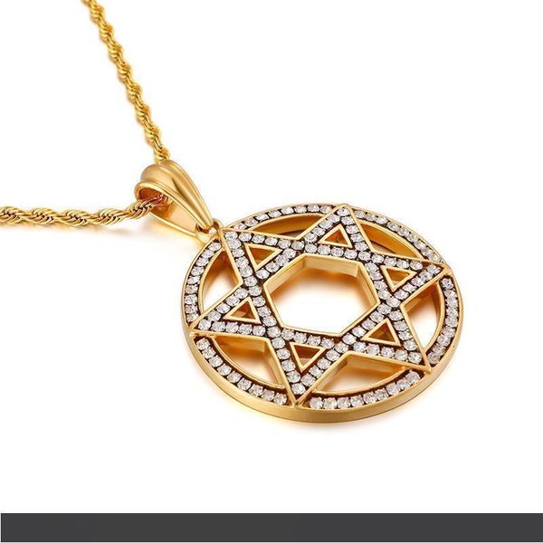 

hip hop gold hexagonal star stainless steel gold crystals 48mm round cool pendant necklace fashion bling 22 inch, Silver