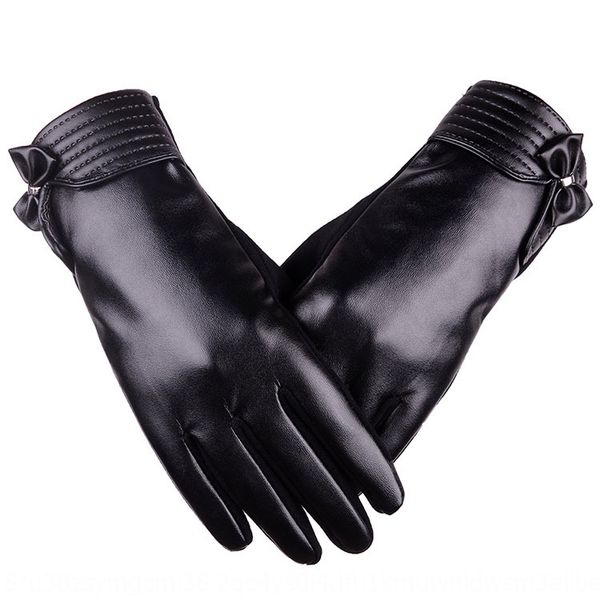 

women's pu leather winter cold-proof warm warm bicycle gloves gloves fashion bow velvet outdoor cycling sports hands, Black