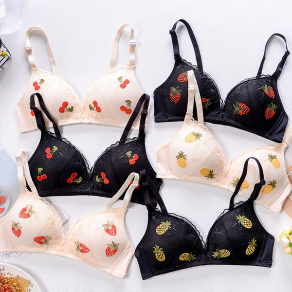 

bras women's bra fruits strawberry cherry embroidery brassiere female causal underwear ladies kawaii wire bralette lingerie, Red;black