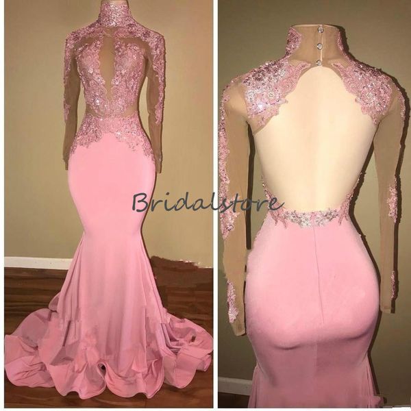 

pink mermaid prom dresses high neck long sleeves open back plus size formal evening dress 2020 african lace special occasion robes de soirée, Black